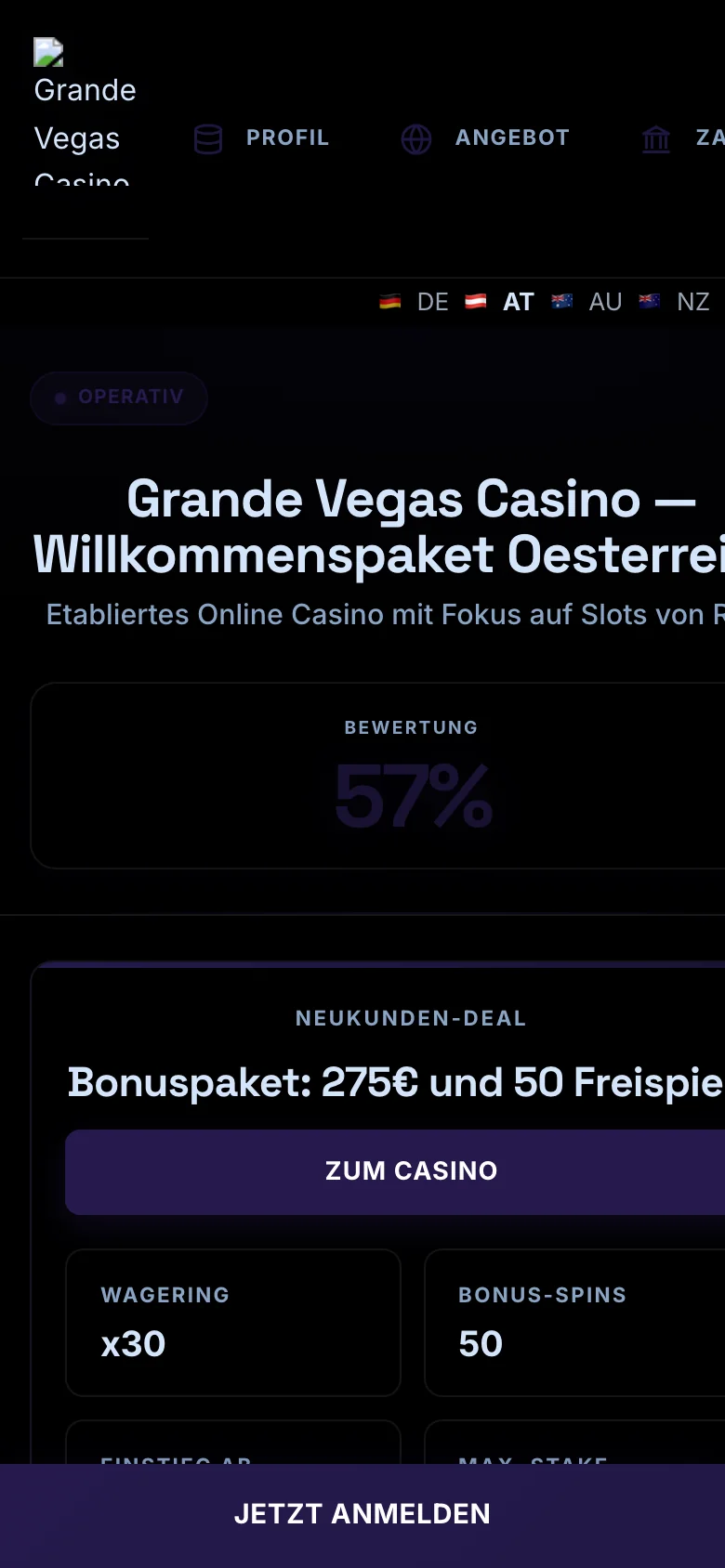 Grande Vegas Casino mobile lobby screenshot