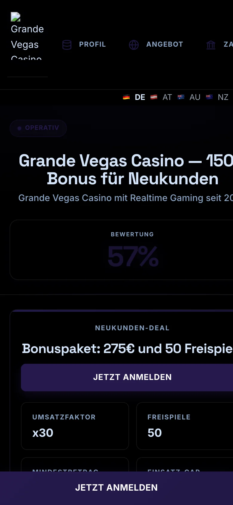 Grande Vegas Casino mobile lobby screenshot
