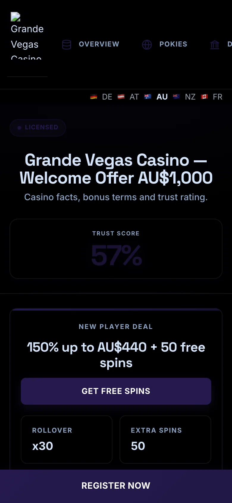 Grande Vegas Casino mobile lobby screenshot
